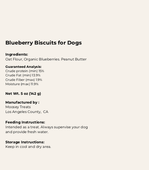 Product label for Blueberry Biscuits for Dogs with ingredients, guaranteed analysis, and manufacturing details.