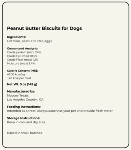 Label for Peanut Butter Biscuits for Dogs with ingredients, guaranteed analysis, and manufacturing details.