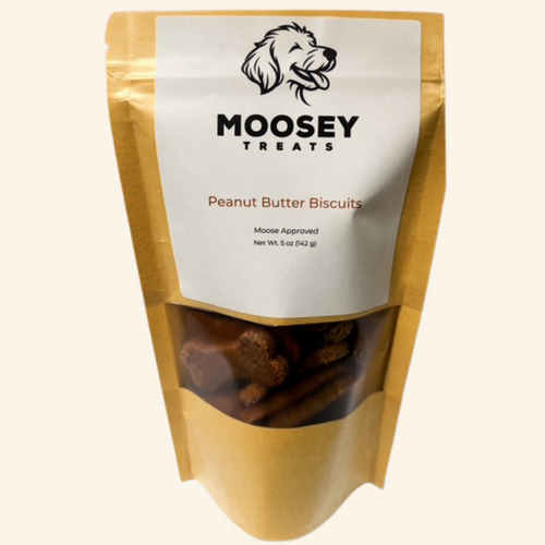 Moosey Treats peanut butter biscuits packaging on a white background